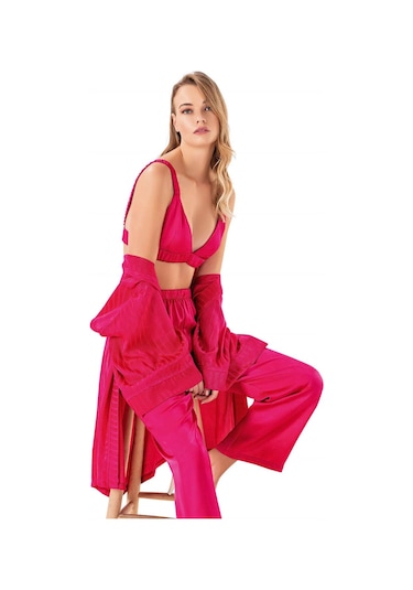 Kadın Yazlık Saten Çizgili Braletli Sabahlıklı Üçlü Set Flz 31-65 Fuşya