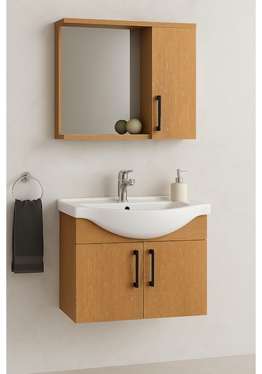 Lacrime 65 Cm Ahşap Renkli Mdf, Oval Seramik Lavabolu, Alt Ve Üst Ahşap