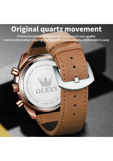 Olevs 9957 Erkekler Aydınlık Su Geçirmez Deri Kayış Kuvars Saat Siyah + Gül Altın