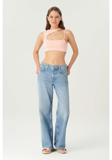 Weslie Açık Mavi Normal Bel Patı Düğmeli Wideleg Jean Pantolon C 4530-207 Açık Mavi