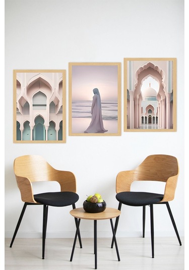 Modern İslami Mimari Ve Huzur Temalı 3 Lü Tablo Seti Çerçeve Görünümlü Crvs1210 30 X 40