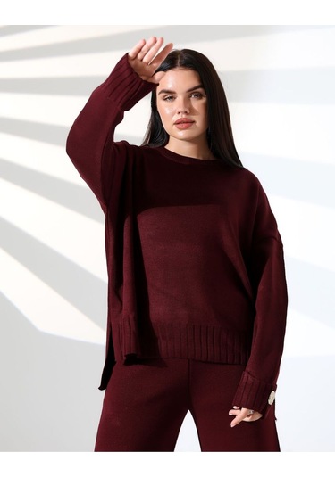 Rahat Kalıp Kol Detaylı Triko Takım Bordo