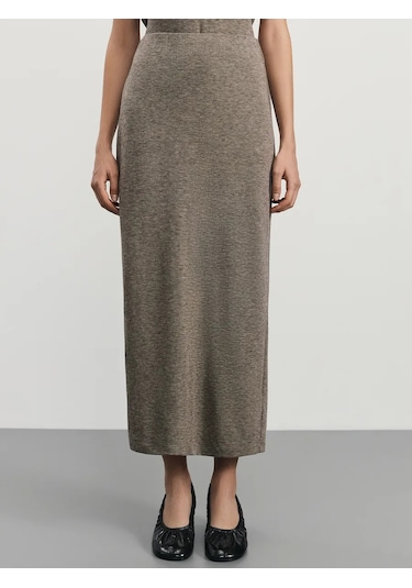 Zarına Melanjö Kumaştan Yırtmaç Detaylı Maxi Örgü Etek 465544114 Bej