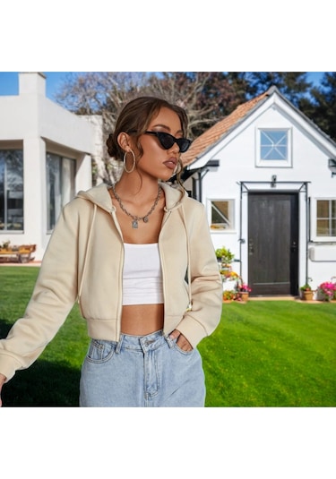 Kadın Kapüşonlu Fermuarlı Crop Hırka Sweatshirt -üç İplik Şardonlu