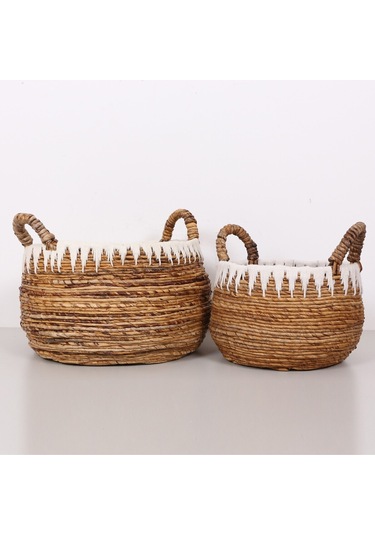 Avanos Doğal Abaka El Yapımı Yuvarlak Kulplu 2 Li Sepet Bej