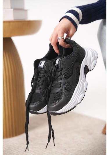 Garantili D0164 Günlük Ortopedik Kadın Sneaker Spor Ayakkabı Siyah-beyaz