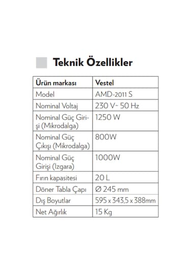 Vestel AMD-2011 S 20 LT Ankastre Mikrodalga Fırın