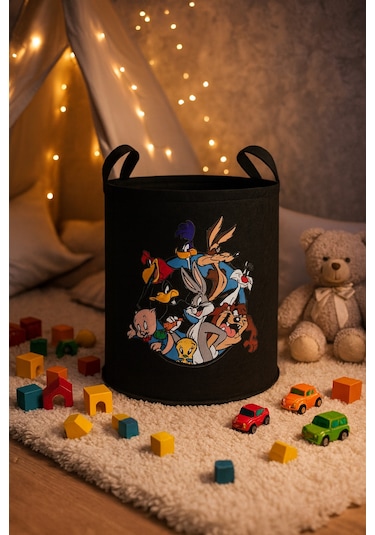Keçe Oyuncak Sepeti Çizgi Film Desenli, Katlanabilir Kulplu, Çocuk Odası Düzenleyici 38x39 Siyah