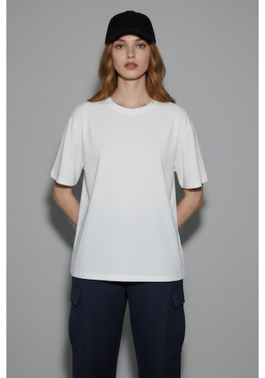 Soft&Basic Kadın 2'li %100 Organik Pamuk Oversize Fit Basic Yuvarlak Yaka T-shirt İndigo-beyaz