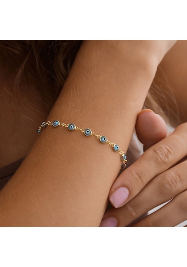 Queen Silver Jewelry 925 Ayar Gümüş Sıralı Nazar Boncuklu Bileklik Altın