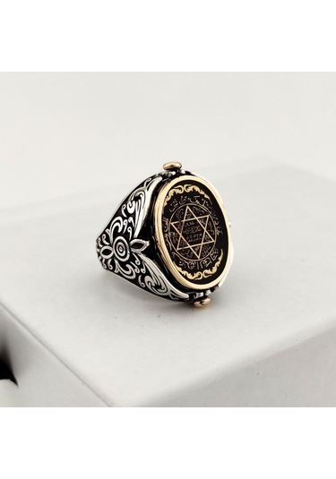 925 Ayar Gümüş Mineli Çift Taraflı Mührü Süleyman Erkek Yüzük Silver