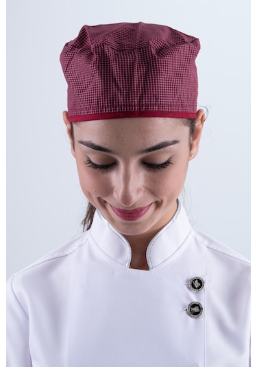 Chef Bone Kep Aşçı Şef Şapkası Kare Desenli Bordo Çok Renkli