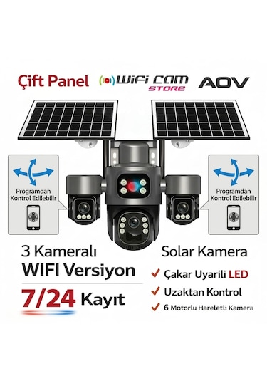 3 Kameralı 6 Motorlu Wifi Solar Kamera - Aov 7/24 Kayıt