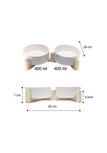 Yılmazel Seramik ve Doğal Ahşaptan Kedi Mama ve Su Kabı 2'li