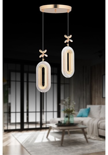 Alfa Led 2'li Gold 3 Renk Modu Ledli Kristal Taşlı Modern Led Avize Gold