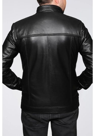 Derije Torres Hakiki Deri Erkek Büyük Beden Siyah Ceket Siyah