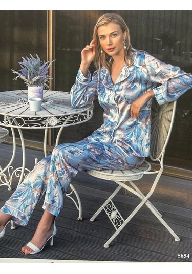 Nurteks Mavi Çiçekli Saten L Beden Pijama Takımı 5654 Mavi - Beyaz