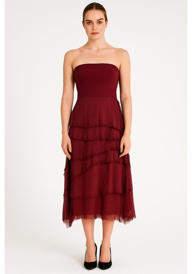 İtalyan 2 Beden Ince Gösteren Kat Kat Ipek Etek & Straplez Elbise Bordo