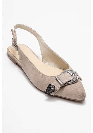 Dorothy Bej Süet Hakiki Deri Tokalı Sivri Burunlu Kadın Sandalet Süet Bej