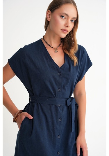 4721 Kadın V Yaka Düğme Detaylı Keten Elbise Lacivert Lacivert