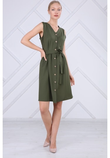 Kadın Bağlama Detaylı V Yaka Düğmeli Kolsuz Elbise 4320/95 001
