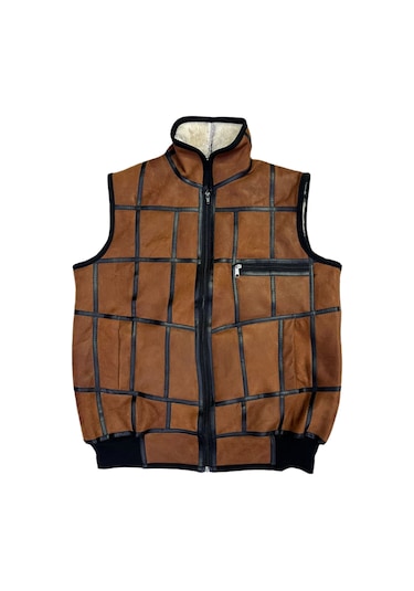 Içi Kürk-Dışı Süet Gerçek Deri Yakalı Ve Trikolu Yelek Tarçın