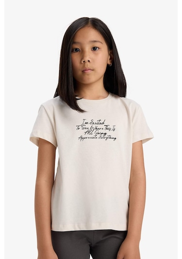 Defacto Kız Çocuk Bisiklet Yaka Baskılı Kısa Kollu Tişört E5892a825smbg697 Bej