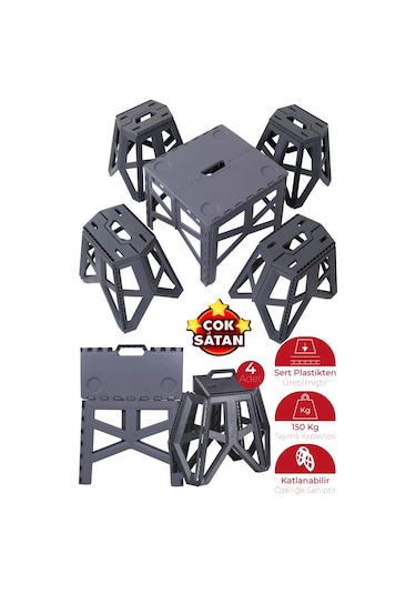Kapris Katlanabilir Pratik Kamp Seti 1 Adet Piknik Masası + 4 Adet Katlanır Tabure Siyah