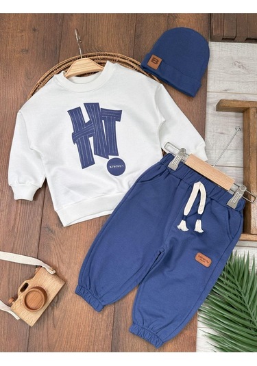 Hi Baskılı Bereli Armalı Oversize Erkek Bebek Takım Lacivert