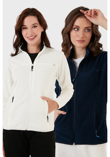 Lela Slim Fit Anti-Pilling Tüylenme Yapmayan Fermuarlı Cepli Hırka 2' Li Paket Bayan Polar 5907002S2 Ekru-Lacivert