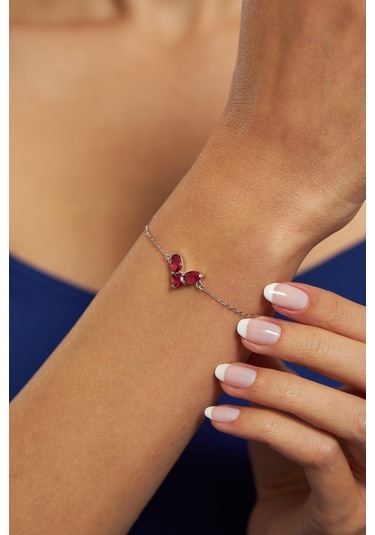 Yakut Taşlı Rodyum Kalp Minimal Gümüş Bileklik