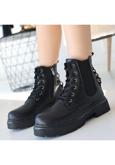 Harte Siyah Cilt Bağcıklı Bot Siyah