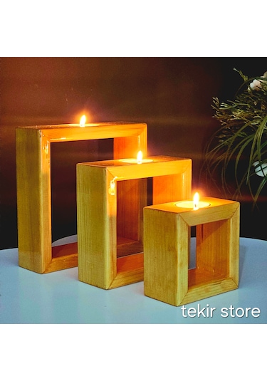 İç İçe Geçmeli 3'lü Duvara Asılabilir Mumluk Meşe Rengi