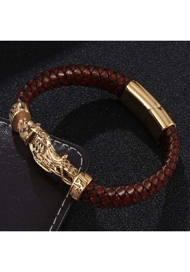 Vintage Punk Tarzı Erkek Bileklik Gerçek Deri Altın Rengi Motosiklet Paslanmaz Çelik Bileklikler Erkek Takıları Siyah