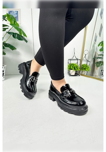 Günlük Kadın Loafer V Tokalı Kalın Topuklu Tırtıklı Tabanlı Oval Burunlu Makosen Ayakkabı 7455 - 7453 7453-siyahrugan