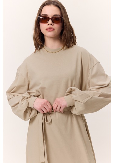 Balon Kollu Uzun Rahat Elbise Taş Taş