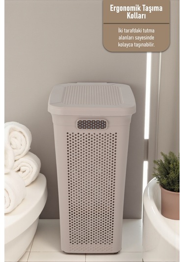 İronika Slim Kapaklı Dekoratif Kirli Çamaşır Sepeti 45 Litre - Kahve Kahverengi