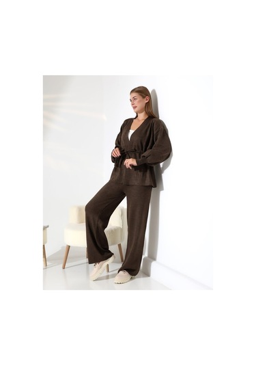 Kuşak Detaylı İkili Triko Takım Kahverengi