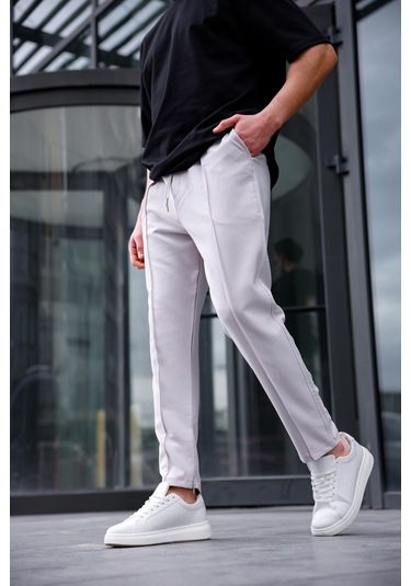 Erkek Gri Renk Esnek Likralı Fermuar Detaylı Jogger Pantolon-1752 Gri