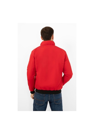 Erkek Astarlı Dik Yaka Mevsimlik Cepli Su Ve Rüzgar Geçirmez Mont Kırmızı