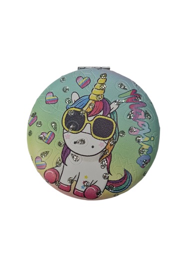 Gigi Panda Magic Yazılı Unicorn Tekboynuz Desenli Katlanır Yuvarlak Makyaj Aynası