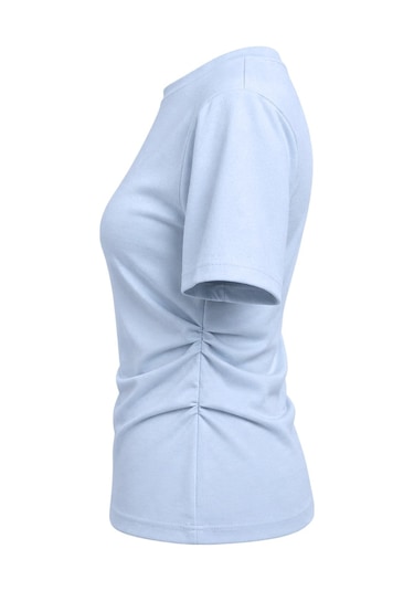 Mixray 2095 Kadın Büzgü Detaylı Arkası Yırtmaçlı Basic T-shirt Bebe Mavi Bebe Mavisi