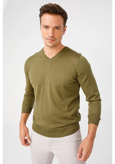 Desen Triko Erkek Basic V Yaka İnce Triko Kazak 02421602 Haki Haki