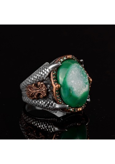 925 Ayar Gümüş Yüzük Doğal Druzy Kuvars Mavi Gümüş