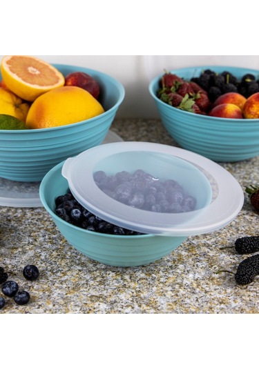 Ceronni Galaksi Desenli Kapaklı Kase 3lü Set 3lt 2lt 1lt Turkuaz Turkuaz