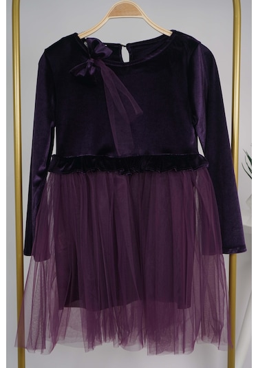 Kız Çocuk Yılbaşı Temalı Eteği Tül Astarlı Tokalı Kadife Uzun Kol Elbise Mor