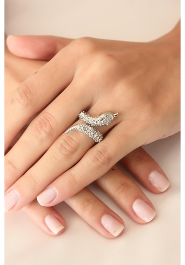 Gümüş Renk Zirkon Taşlı Ayarlanabilir Kadın Yılan Yüzük Gümüş