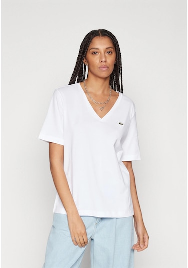 Lacoste V Yaka Organik Pamuk Bayan T-shirt Beyaz