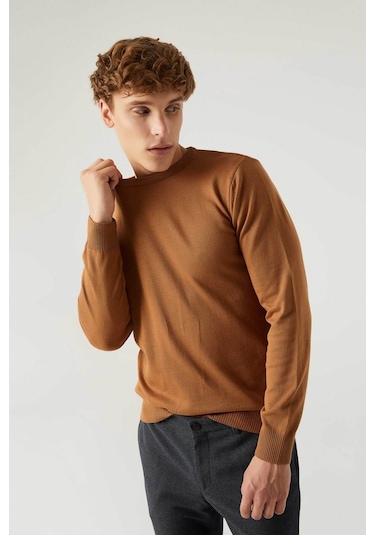 Regular Fit Camel Tüylenme Yapmayan Bisiklet Yaka Triko Kazak Camel