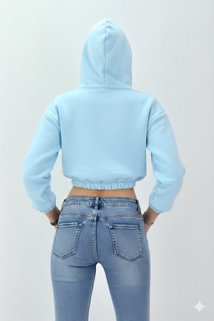 Kadın Neon Christian Drop Yazılı Kapüşonlu Crop Kesim Mavi Sweatshirt Nakış İşlemeli Mavi